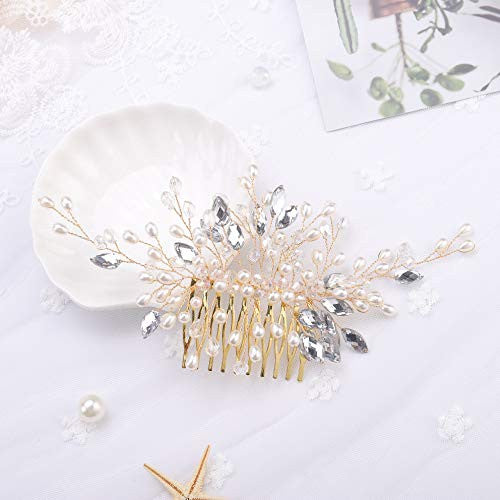 Kercisbeauty Peignes à cheveux en cristal faits à la main avec perles pour mariées, accessoires de cheveux de mariage rustiques pour femme (doré)