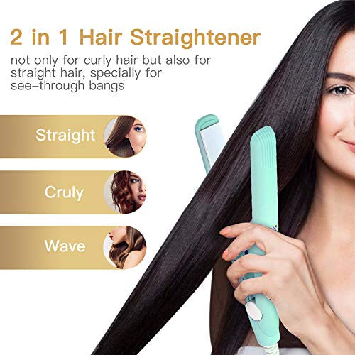 2 in 1 Mini Hair Straightener Ceramic Tourmaline Plate Beauty Flat Iron Heating Curler(4Colors ) (Matcha green beauty plug)