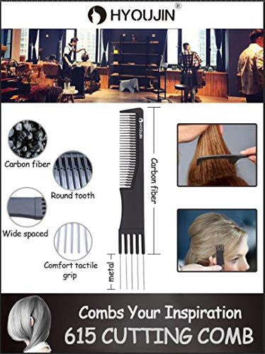 HYOUJIN 615 Peigne à 5 dents en carbone noir à 5 dents en métal, 100 % antistatique, 230 ℃, résistant à la chaleur pour séparer les sections séparées de la coiffure en chignon…