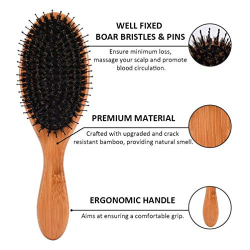 Brosse à cheveux en poils de sanglier pour femmes, hommes et enfants. Brosse à cheveux en bois pour cheveux lisses, bouclés, courts et longs. Ajoute de la brillance et améliore la texture des cheveux. Outil de nettoyage de brosse à cheveux inclus.