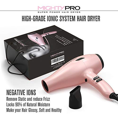 1875W Professional Hair Dryer with Ionic Conditioning -Lightweight Powerful, Fast Hairdryer Blow Dryer -Pro Ion quiet hairdryer with 2 Concentrator Nozzle Attachments