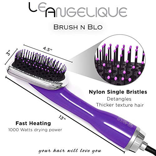 Le Angelique Brush N Blo - 一步式直发吹风机梳,轻松快速打造卷发造型 | 1000W 冷热风直发器 | 防毛躁电气石技术,顺滑秀发,提升光泽 - 紫色