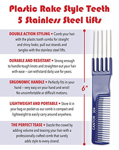 Adolfo Design - Peigne à taquiner avec élévateurs en métal - Râteau à teaser en plastique de 6" et dents de levage en acier inoxydable - Résistant à la chaleur et aux produits chimiques - Outils de coiffure pour perruques et cheveux