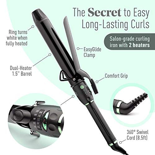 Professional Series Curling Iron 1 1/2 inch by MINT | Extra-Long 2-Heater Ceramic Barrel That Stays Hot. Hair Curler/Curl Former for Large Curls and Beach Waves. Travel-Ready Dual Voltage.