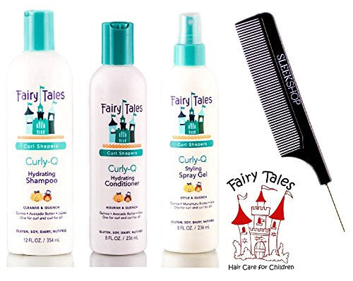 Fairy Tales CURLY Q Shampooing hydratant, après-shampooing, gel coiffant TRIO, CURL SHAPERS (avec peigne à queue en acier élégant) (12 oz + 8 oz + 8 oz TRIO Kit)