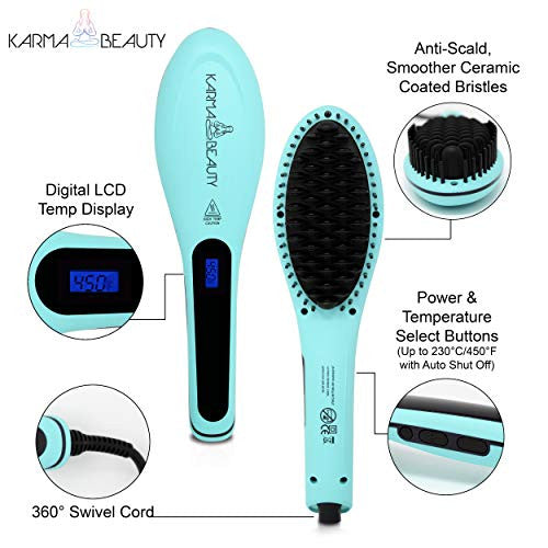 Brosse à lisser les cheveux | Brosse chauffante lissante anti-brûlure | Technologie céramique ionique | Écran LCD | Arrêt automatique | Karma Beauté |(Turquoise)