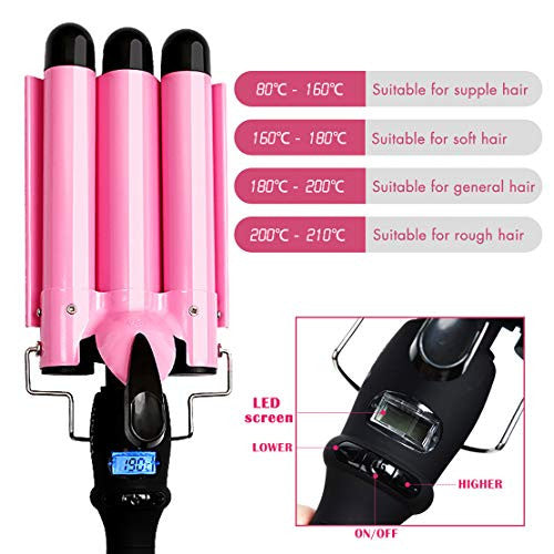 Hair Crimper 3 Barrel Curling Iron 1 Inch Waver Hair Curler Wand Ceramic Curling Wand Fast Heating with LCD Temperature Display, US Plug