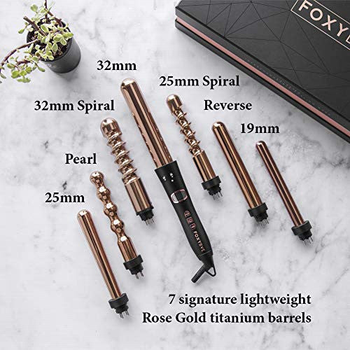 FoxyBae 7-in-1 Curling Iron Set, Le'Se7en Professional Black and Rose Gold Hair Curling Wand - 7 Interchangeable Barrel Ceramic Hair Curler - Best Titanium Wands LCD Display for Temp Control MSRP $289