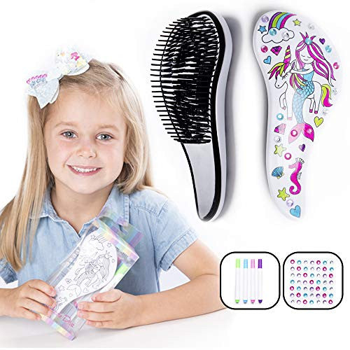 Hair Brush Activity Gift Set for Crafty Girls - Kids will Love to Color in & Decorate their Cute Detangler Hairbrush- Pens & Gemstones included! Unicorn & Mermaid Art Design- Birthday Present, 5 yrs +