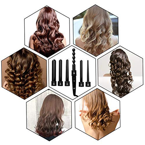 Beaucares Fer à friser 6 en 1, ensemble de baguettes à friser professionnelles, bigoudi à chaleur instantanée avec 6 barils en céramique interchangeables (0,35'' à 1,25'') et 2 réglages de température