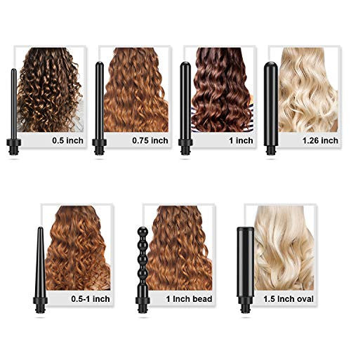 PARWIN PRO Ensemble de fer à friser 7 en 1, baguette à friser double tension avec 7 baguettes à friser en céramique diamant interchangeables avec contrôle de température LCD arrêt automatique noir-1601025233