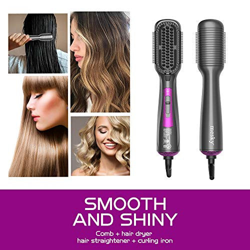 mesky Hot Air Brush & Hair Straightener Brush, 4-in-1 Hair Dryer Brush Styler for Drying, Straightening, Curling, Salon Negative Ion Infrared Hair Care Multi-function Hair Styling Tools (Dark gray)