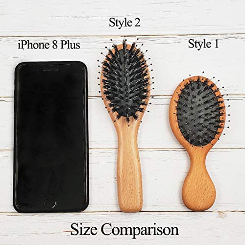Messen Mini Boar Bristle Hair Brush Natural Beech Wood Handle Cushion Anti-static Massage Detangling-Hairbrush for Pocket/Makeup Bag/Travel/Gift for Kids and Adults (Style 2)