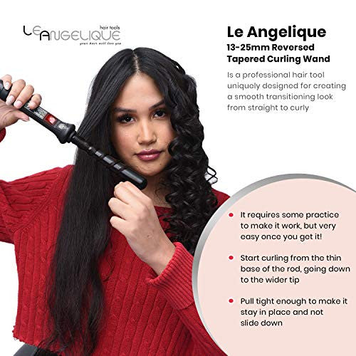 Le Angelique Reverse Tapered Curling Wand for a Unique Curly Look - 1/2 To 1 Inch (13-25mm) Conical Curler Iron with Glove And 2 Clips | 430F Instant Heat | Ceramic Coating | Dual Voltage - Black