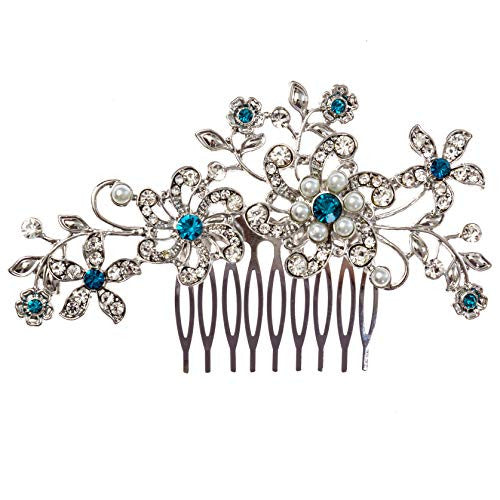 Your Something Blue Peigne à cheveux de mariage Accessoires de mariée Clip Perle de cristal bleu et strass en argent pour mariée, demoiselle d'honneur ou bal de fin d'année