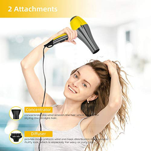 Prizm Professional Salon Grade Blow Dryer, Powerful 1600W Ceramic Tourmaline Hair Dryer with Large Diffuser and Concentrator, Gray/Yellow