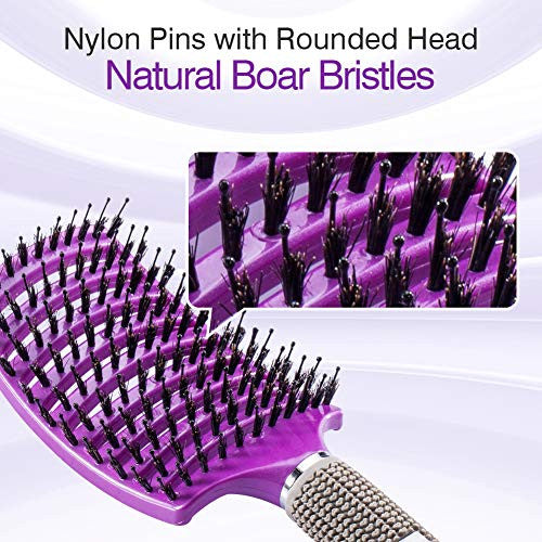 Kaier cat 野猪鬃毛梳 - 最适合梳理浓密毛发,通风设计,干燥更快 - 100% 天然野猪鬃毛,用于头发油脂分布,紫色