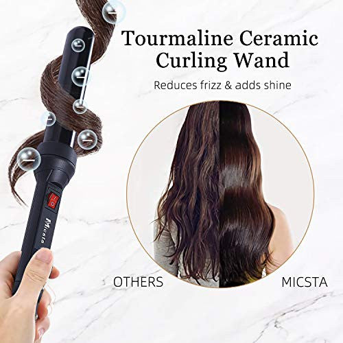 MICSTA Negative Ions Curling Iron Long Barrel Ceramic Coated, Dual Voltage Curling Wand Quick Heating, Beach Wave Hair Curler Fast Styling for Long Hair, with Glove and Mat, Black1-1/4" Christmas Gift
