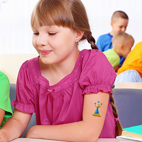 Kit de tatouage à paillettes Contes de Fées avec 6 grandes paillettes et 12 pochoirs étonnants - Hypoallergénique et testé dermatologiquement ! -Tatouages temporaires et art corporel