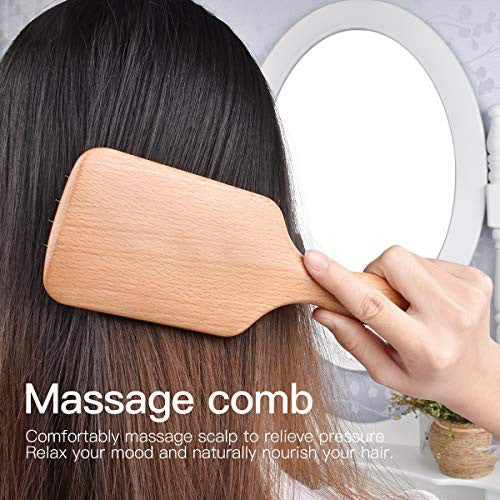 GENPAI Boar Bristle Hair Brush Square Air Cushion Massage Comb with Nylon Pins Bamboo Paddle Comb for Women and Men Improve Hair Quality and Increase Hair Shine Suitable for Any Hair
