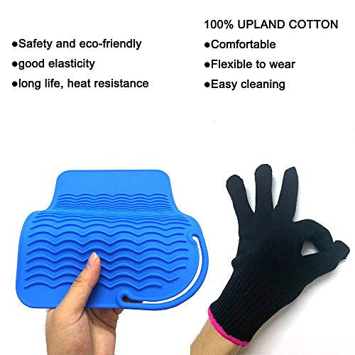 Heat Resistant Mat Pad and Heat Resistant Glove for Curling Irons, Hair Straightener, Flat Irons and Hair Styling Tools 9" x 6.5", Food Grade Silicone, Blue by Lessmon