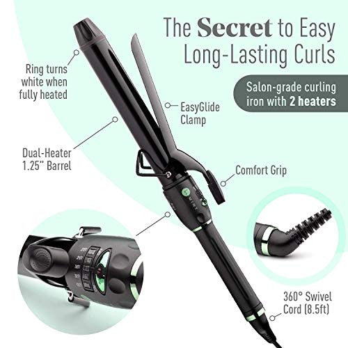 Professional Series Curling Iron 1 1/4 inch by MINT | Extra-Long 2-Heater Ceramic Barrel That Stays Hot. Hair Curler/Curl Former for Medium to Large Curls. Travel-Ready Dual Voltage.