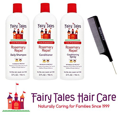 Ensemble trio de shampoing, après-shampooing et spray revitalisant Fairy Tales Romarin (avec peigne à queue en acier élégant) (grand kit TRIO de 32 oz litres)