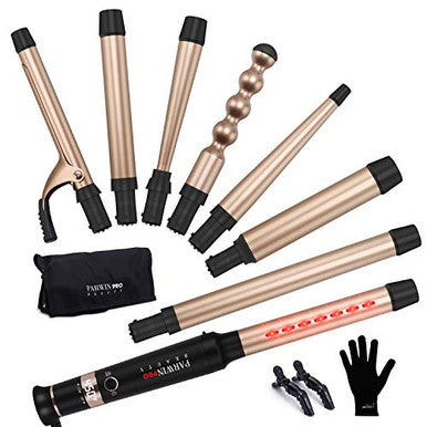 PARWIN PRO Curling Wand Set 8 in 1 with Ceramic Barrels 8 Interchangeable Hair Curler Wand for Long Hair - Professional Curling Iron Set LED Temperature Control with Heat Protecive Glove (Rosegold)