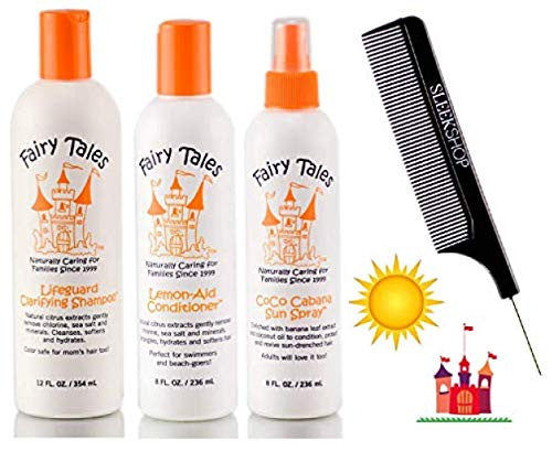 Fairy Tales SUN & SWIM Lifeguard Shampooing clarifiant, après-shampooing citronné, Coco Cabana TRIO SET (avec élégant peigne à queue en acier) élimine le sel de mer et le chlore vert (TRIO KIT : 12 oz + 8 oz + 8 oz)
