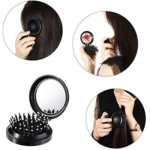 8 Pieces Round Travel Hair Brush Mini Hair Comb with Make up Mirror Pocket Hair Brush Folding Hair Brush for Travel (Black)