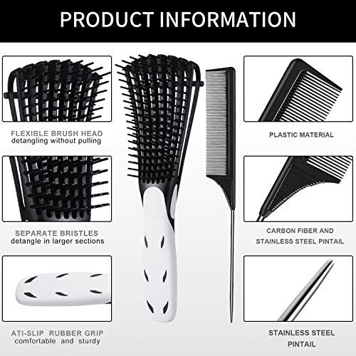 2 Pieces Detangler Brush 4c Hair Set with Rat Tail Comb for Curly Hair Detangler for Afro America Afro Textured 3a to 4c Kinky Wavy, for Wet/Dry/Long Thick Curly Hair (Black and White)
