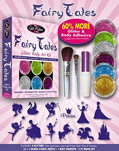 Fairy Tales Glitter Tattoo Kit with 6 Large Glitters & 12 Amazing Stencils - Hypoallergenic and Dermatologist Tested! -Temporary Tattoos & Body Art
