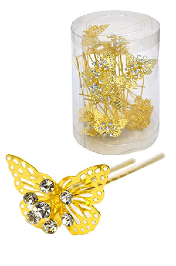 Stone Hair Pin (20/jar) 6744 Gold (Butterfly) - jar