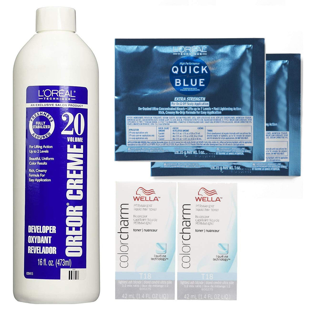 L'Oreal Quick Blue 1oz-2pk w/ 20 Volume Oreor Developer 16oz & Wella T18 Hair Color 2pk Bundle