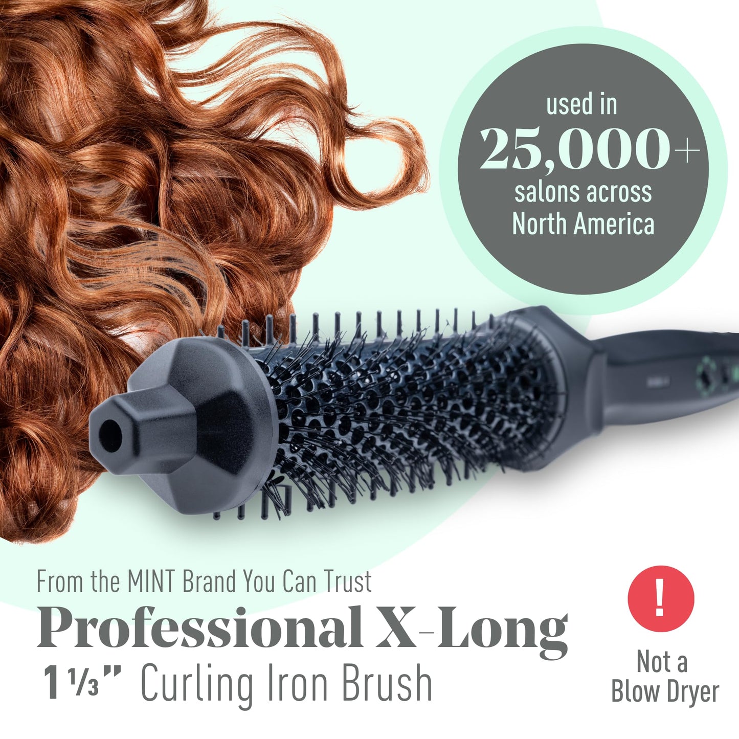 MINT Extra-Long 1 1/3 Inch Thermal Brush for Effortless Curls, Volume & Waves | 230-430°F 2-Heater Ceramic Curling Iron Brush Creates Long-Lasting Styles | Heated Round Brush Styler with Dual Voltage | NOT A BLOW DRYER