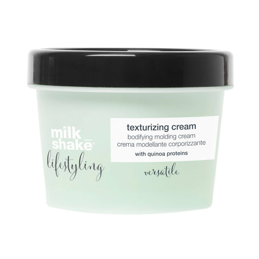milk_shake® lifestyling texturizing cream is a bodifying molding cream, particularly suitable for fine hair, when applied to dry hair it gives body, giving separation and control to hair strands for creative and unkempt looks. Contains organic fruit extracts, quinoa and milk proteins, Integrity 41® and a UV filter to protect hair.