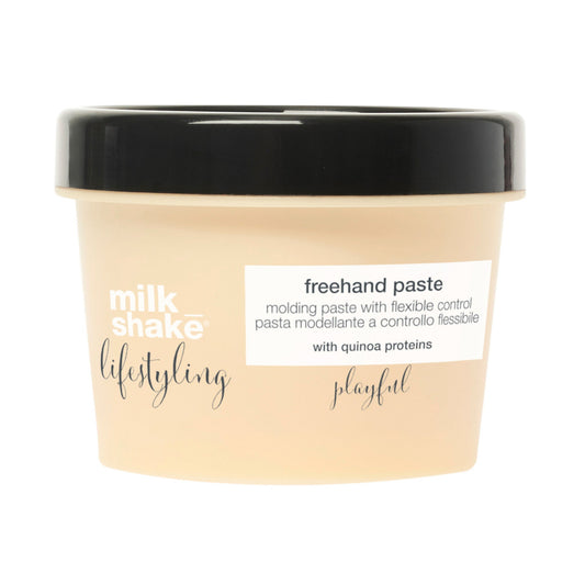 milk_shake® lifestyling free hand paste is a molding paste with flexible control and with an elastic and stretchy texture to manipulate the hair, creating and defining an infinite array of styles. Contains organic fruit extracts, quinoa and milk proteins, Integrity 41® and a UV filter to protect hair.