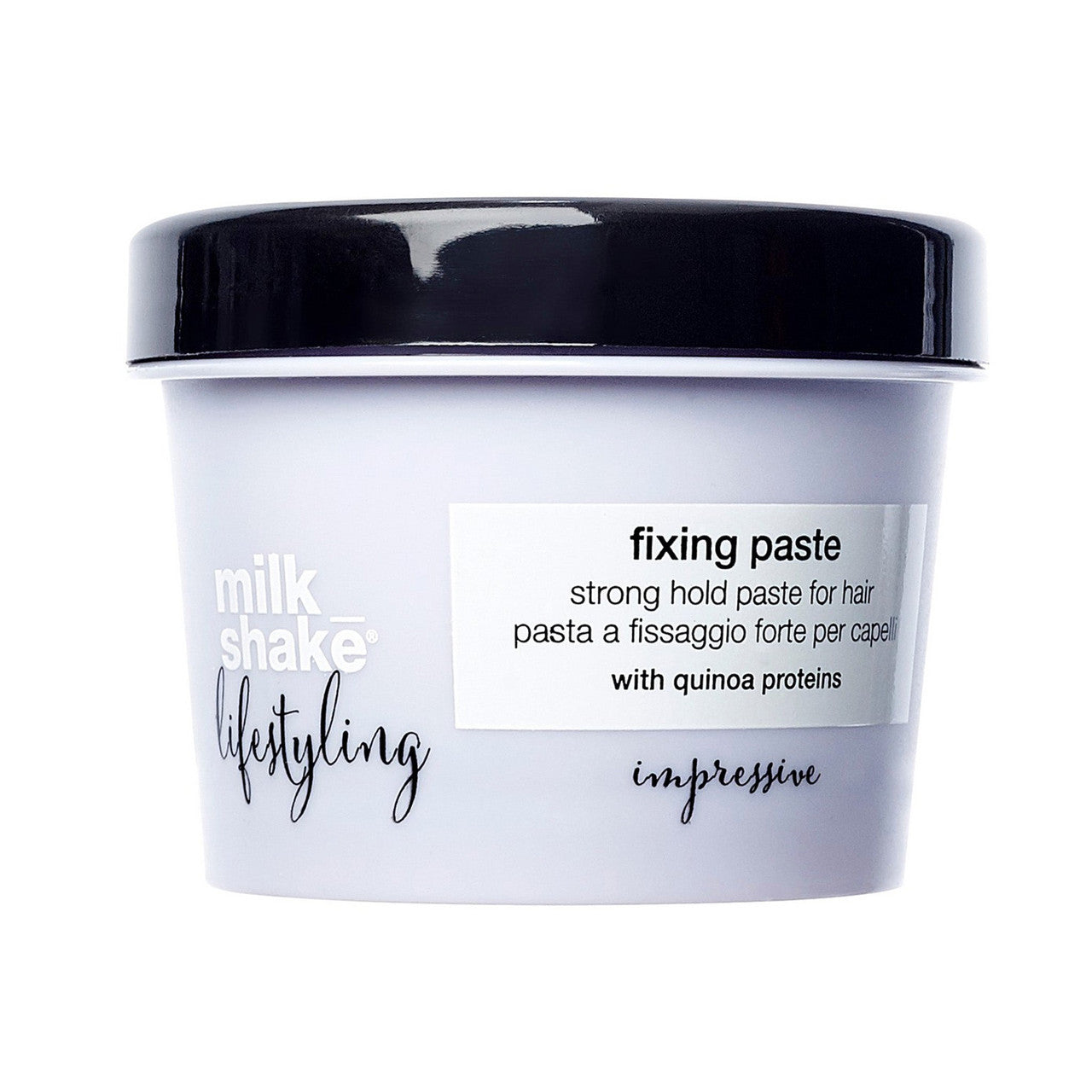 milk_shake® lifestyling fixing paste, strong hold paste for hair. Gives texture and structure with a strong, flexible hold. Easy to apply and workable.
Use: Take a small quantity of product and work it between the palms of the hands. Distribute over damp or dry hair, then shape as desired.