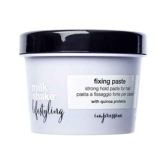 milk_shake® lifestyling fixing paste, strong hold paste for hair. Gives texture and structure with a strong, flexible hold. Easy to apply and workable.

Use: Take a small quantity of product and work it between the palms of the hands. Distribute over damp or dry hair, then shape as desired.