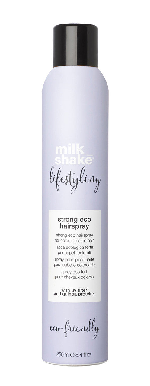 Strong eco hairspray for colour-treated hair.
A hairspray with extra strong hold, it gives structure to the hair with exceptional shine. It protects hair from humidity and from external aggressors, maintaining the hair’s volume and style. Quick to dry, it is easily brushed out and does not leave residue on the hair. Contains quinoa proteins, Integrity 41 ® , organic fruit extracts, milk proteins and a UV filter.
Use: spray at 8 – 12 inches from the hair as required.