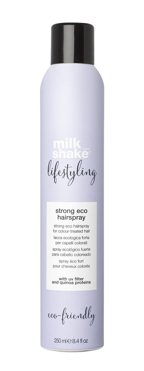 Strong eco hairspray for colour-treated hair.

A hairspray with extra strong hold, it gives structure to the hair with exceptional shine. It protects hair from humidity and from external aggressors, maintaining the hair’s volume and style. Quick to dry, it is easily brushed out and does not leave residue on the hair. Contains quinoa proteins, Integrity 41 ® , organic fruit extracts, milk proteins and a UV filter.

Use: spray at 8 – 12 inches from the hair as required.
