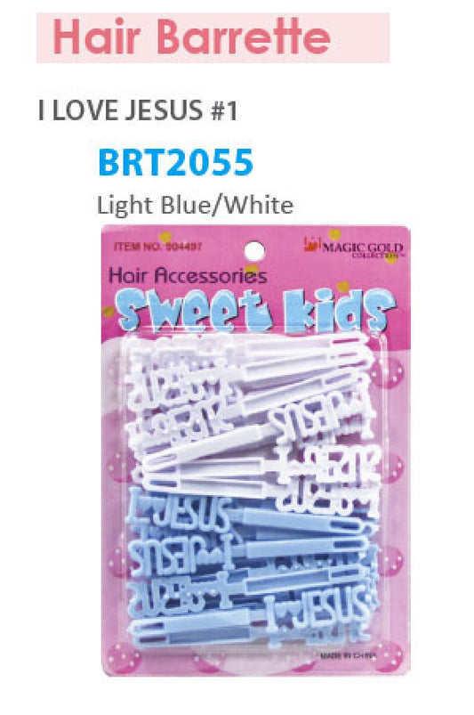 Magic Gold Barrette I Love Jesus Light Blue/White BRT2055 -pc