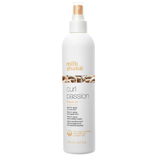 milk_shake® curl passion leave in is paraben free leave in spray for curly hair. Provides softness and manageability. Makes curls bouncy, flexible and long-lasting. Contains organic pracaxi and babassu oils, milk proteins, fruit extracts, Integrity 41® and quinoa proteins.

Use: distribute evenly over clean, damp hair and proceed with styling