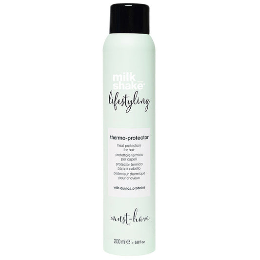 milk_shake® lifestyling thermo-protector has an ultra-fine formula created to protect hair fibers from the heat of blow-drying, straightening irons and curling wands. Creates an invisible protective layer over hair that prevents split ends, breakage and damage, while reducing drying time.

Use: spray at approx. 8”-12” onto clean, damp hair, from roots to ends. Proceed with blow-drying.