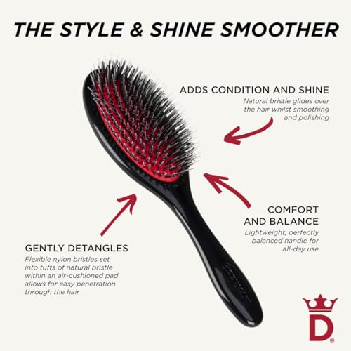 Denman Style & Shine Smoother Hairbrush with Soft Nylon Quill Boar Bristles - For Smoothing, Detangling, Straightening Hair - D81M Medium Black