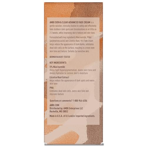 Ambi Even &amp; Clear Advanced Fade Cream，不含对苯二酚，色素沉着治疗，顽固黑斑修复，2-3 周即可见效，烟酰胺、甘草根提取物、PHA，1 液体盎司