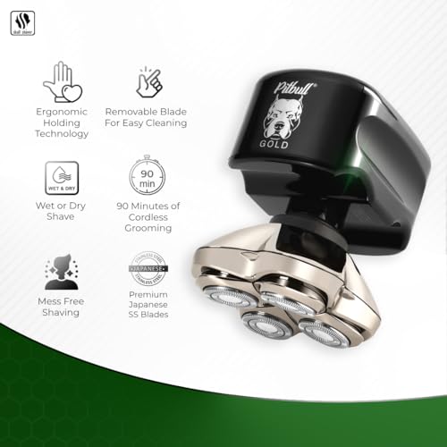 Rasoir tête et visage Skull Shaver Pitbull Gold PRO : coffret cadeau pour homme, rasoir électrique 5 en 1 haut de gamme pour tête chauve, rasoir facile à utiliser à sec et humide