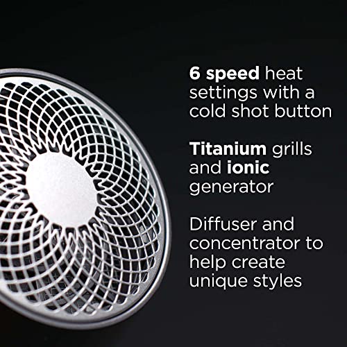 Sèche-cheveux RUSK PRO Speed ​​Titanium, générateur ionique éliminant les frisottis, puissant moteur à courant alternatif avec 6 réglages de vitesse et de chaleur pour un coiffage rapide, ainsi qu'un diffuseur et un concentrateur pour des styles uniques