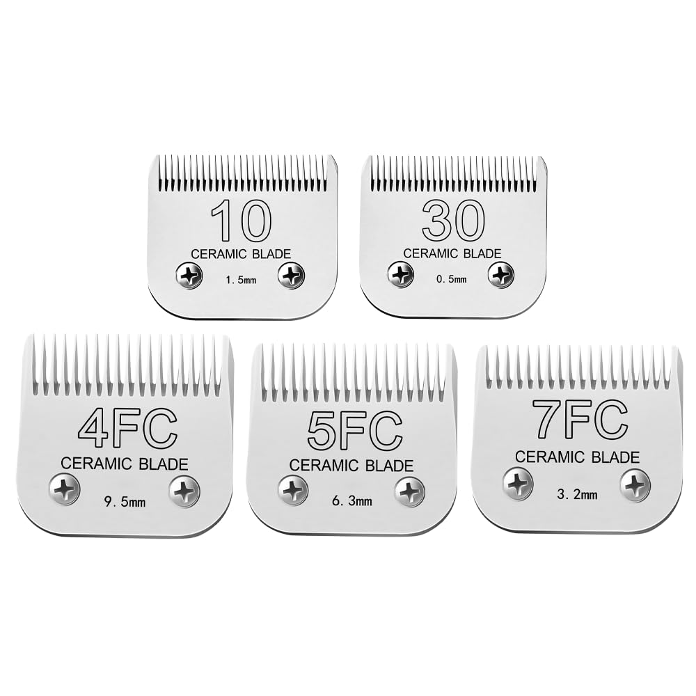 FUHKQE Detachable Pet Clipper Blades Dog Grooming Clipper Replacement Ceramic Blades Set, Compatible with Andis, Wahl, Oster(Size 30#+10#+4FC+5FC+7FC,Cut Length0.5mm-9.5mm)