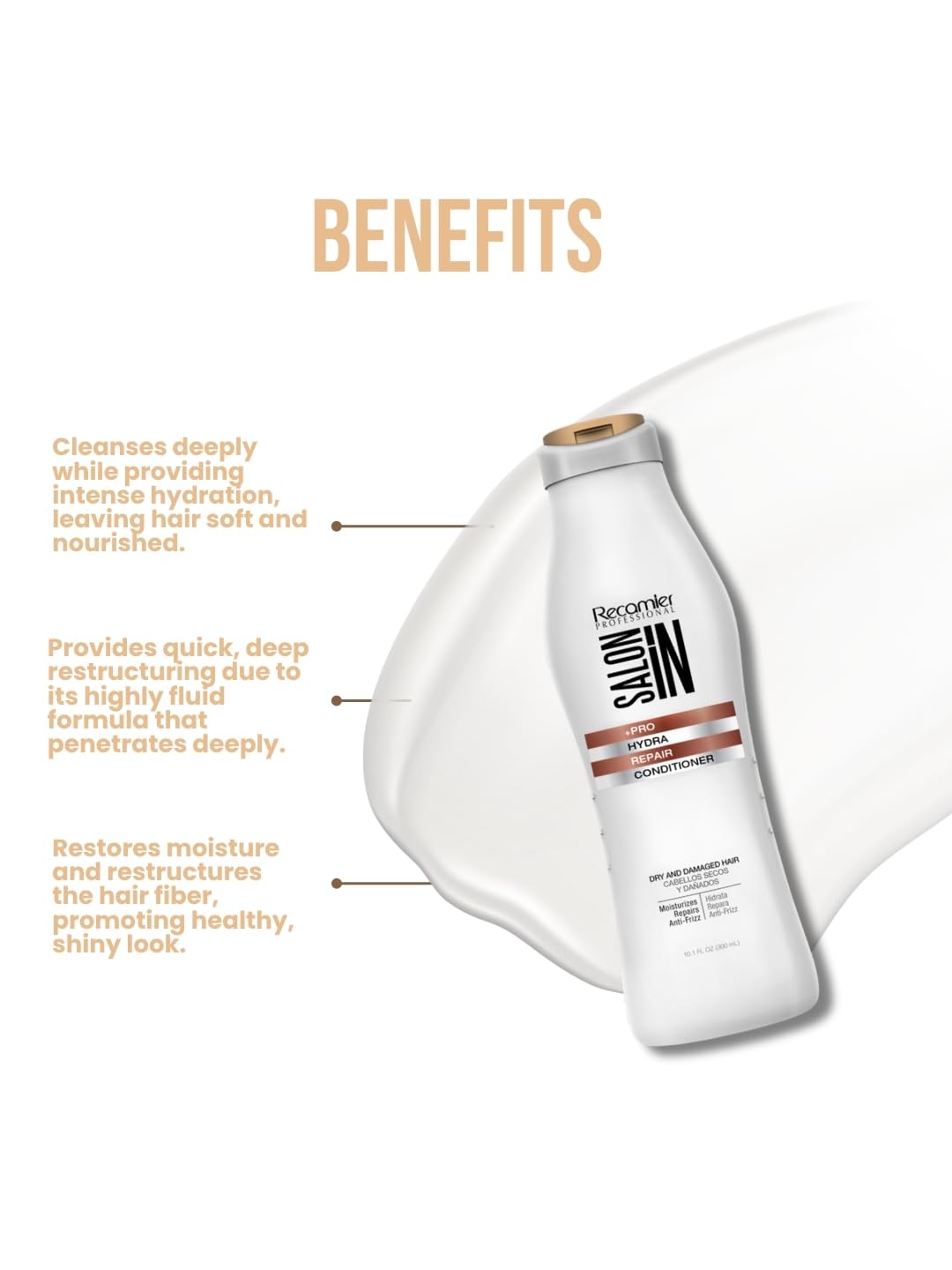 Salon In by Recamier | Hydra Repair Hair Conditioner | Moisturizing & Strengthening for Dry, Damaged Hair | 10.1.fl.oz / 300 ml